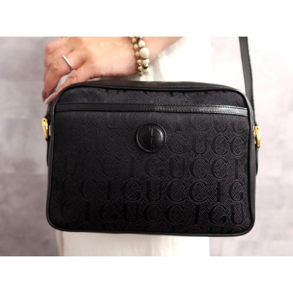 Gucci Logo Embossed Canvas Calf Leather Leather Shoulder Bag Black G